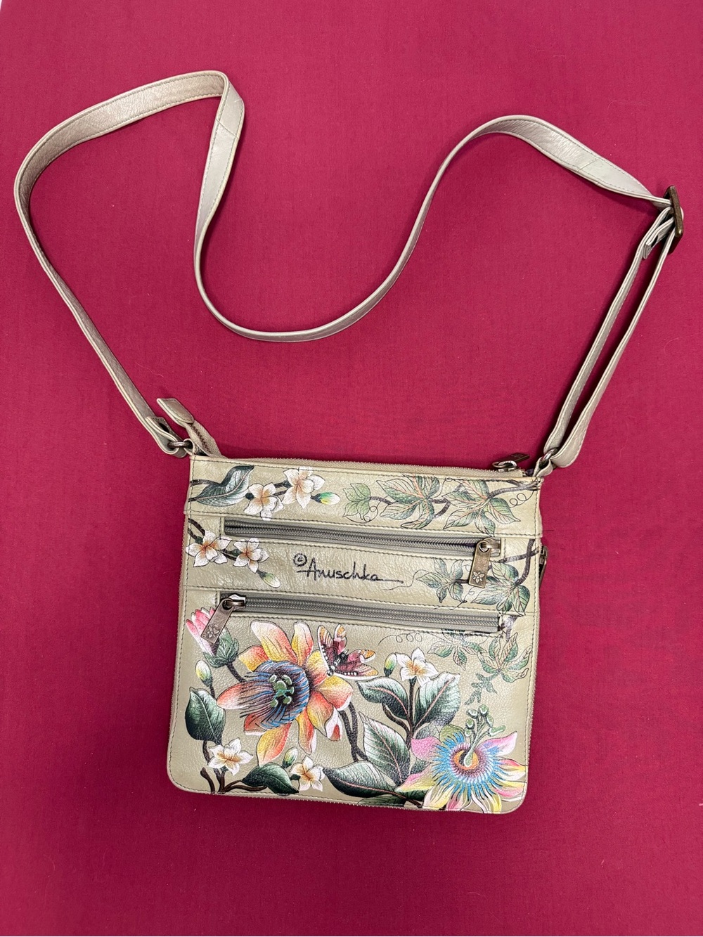 Anuschka Hand-Painted Floral Leather Crossbody - Beige with Multicolor Flowers